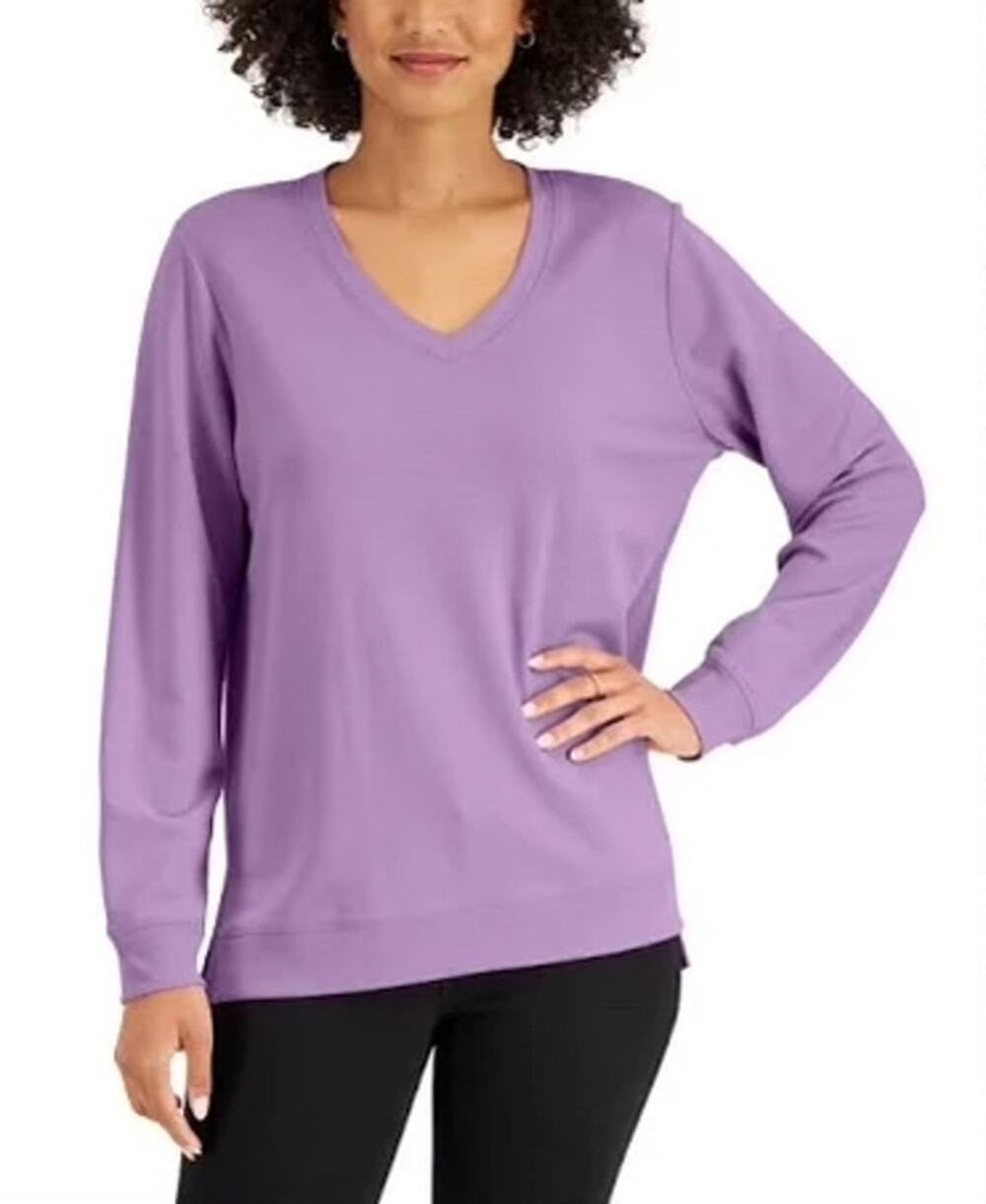 Karen Scott Sport Essentials Fragrant Lilac French Terry V-Neck High-Low Top - M